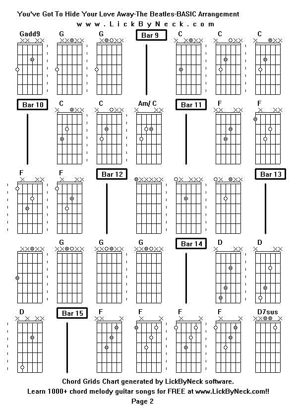 Chord Grids Chart of chord melody fingerstyle guitar song-You've Got To Hide Your Love Away-The Beatles-BASIC Arrangement,generated by LickByNeck software.